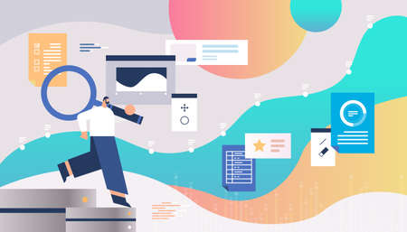 businessman using magnifying glass web page data analyzing marketing concept horizontalのイラスト素材