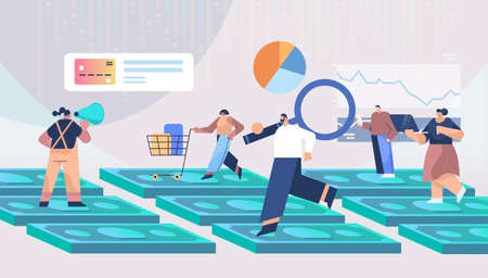 mix race people standing on money banknotes shopping digital marketing business strategy and analytics conceptのイラスト素材