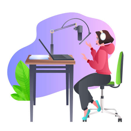 woman podcaster talking to microphone recording podcast in studio podcasting online radio conceptのイラスト素材
