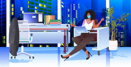 businesswoman in mask sitting at workplace and using laptop coronavirus pandemic conceptのイラスト素材