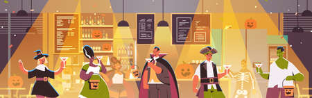 people in different costumes celebrating happy halloween holiday mix race men women drinking cocktailsのイラスト素材