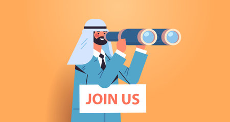 arab businessman hr manager with binoculars join us vacancy open recruitment and hiring conceptのイラスト素材