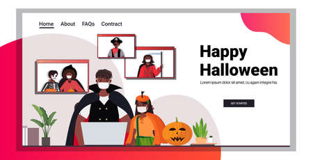 happy halloween holiday celebration concept people in costumes discussing with friends during video callのイラスト素材