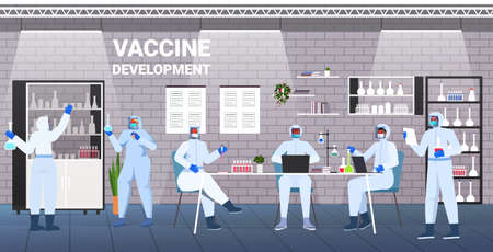 scientists developing vaccine to fight against researchers working in lab vaccine developmentのイラスト素材