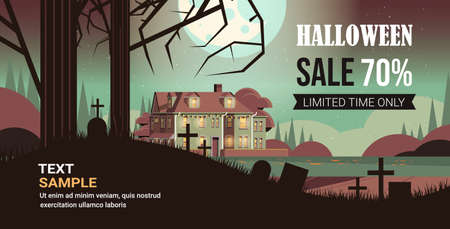 house decorated for halloween holiday celebration discount sale special offer concept horizontalのイラスト素材