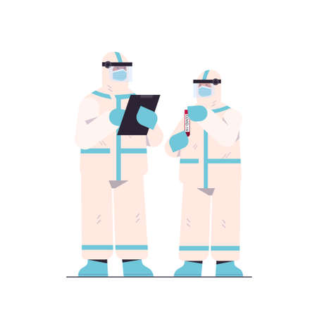 scientists developing vaccine to fight against  virus researchers in protective suits vaccine developmentのイラスト素材