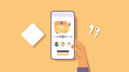 hand using smartphone communicate by voice messages audio chat application social media online...
