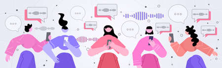 people communicating by voice messages in mobile app audio chat application social media online communicationのイラスト素材