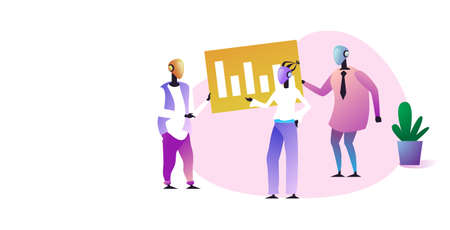 robotic characters analyzing financial graph artificial intelligence technology concept male female robots team full length horizontalのイラスト素材