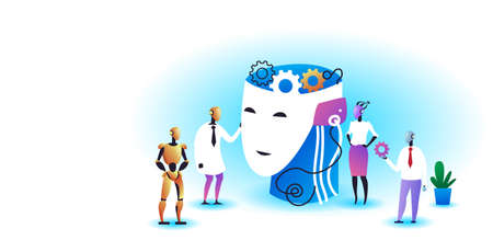 robots team holding gears near human head with brain cogwheels brainstorming process artificial intelligence technology concept horizontal full lengthのイラスト素材