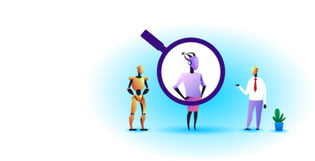 robotic characters with magnifying zoom choosing candidate for job position recruitment human resources artificial intelligence concept horizontal full lengthのイラスト素材