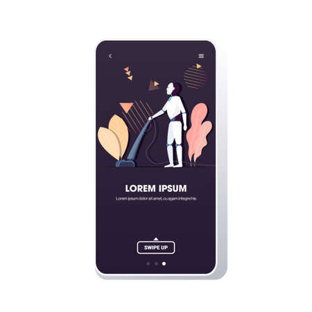 modern robot using vacuum cleaner robotic character doing housework artificial intelligence technology cleaning concept smartphone screen mobile app copy space full lengthのイラスト素材