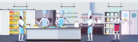 modern robots chefs cooking dishes robotic cooks preparing food artificial intelligence technology culinary concept modern kitchen interior horizontal full lengthのイラスト素材