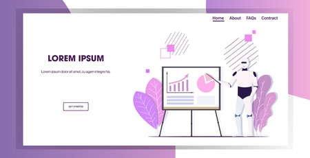 business robot presenting financial graph diagram on flip chart artificial intelligence technology presentation concept full length horizontal copy spaceのイラスト素材