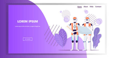 two robots architects in uniform holding blueprints artificial intelligence technology architect concept horizontal copy space full lengthのイラスト素材