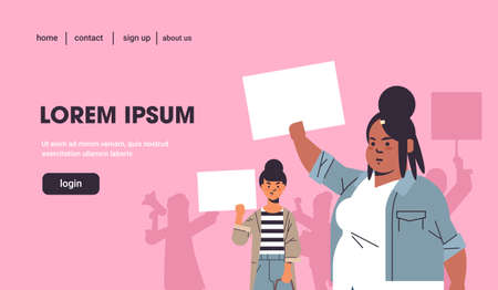 mix race activists protesting holding placard with female gender sign feminist demonstration girl power movement rights protection women empowerment concept portrait horizontal copy spaceのイラスト素材