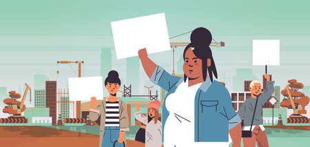 mix race activists holding placards with female gender sign feminist demonstration girl power movement rights protection women empowerment concept portrait construction site background horizontalのイラスト素材