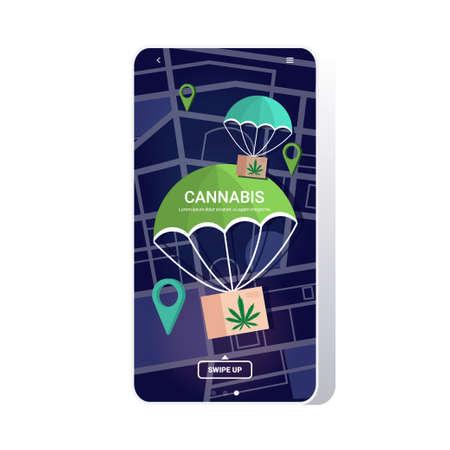 cannabis parcel boxes falling down with parachute from sky marijuana air mail express delivery drug consumption concept city map with location geo tags smartphone screen mobile app cpopy spaceのイラスト素材