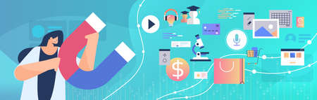 businesswoman holding big magnet promotion campaign social media marketing conceptのイラスト素材