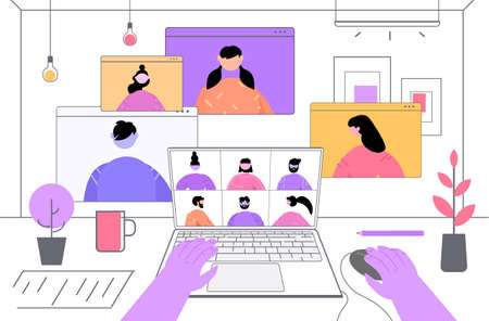 businesspeople discussing during video call virtual conference online communication self isolation conceptのイラスト素材