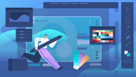 designer drawing with pen in graphic editor man creating website user interface graphic design UI creative serviceのイラスト素材