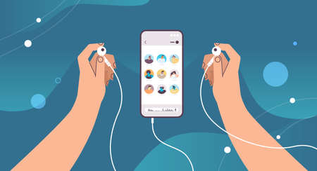 hands holding earphones communicate by voice messages audio chat application social media online...