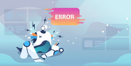 broken robot showing error artificial intelligence failures overloaded concept full length horizontalのイラスト素材
