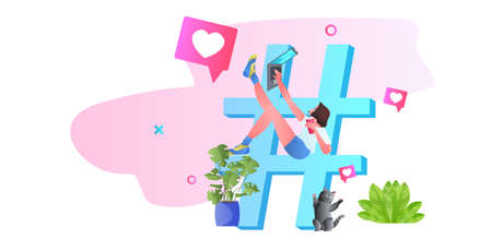 woman sharing information on big hashtag media marketing advertising blogging promotion social networkのイラスト素材