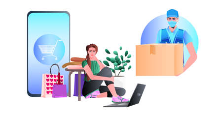 women customer with purchases using mobile app online shopping expres delivery service conceptのイラスト素材