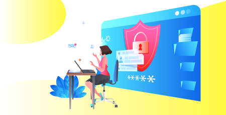 businesswoman working on laptop computer app protection shield data privacy security conceptのイラスト素材