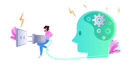 woman putting power plug into socket human head with gear wheels productivity effectiveness source of brain energyのイラスト素材