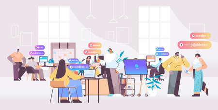 businesspeople communicate by voice messages audio chat application social media online...