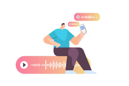 man communicating by voice messages audio chat application social media online communicationのイラスト素材