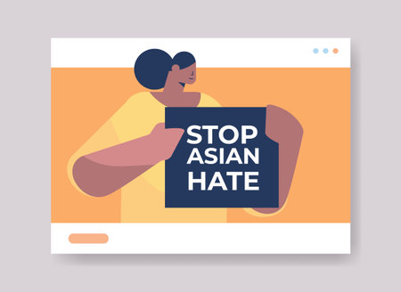 woman holding text banner against bullying and racism stop asian hate support during pandemicのイラスト素材