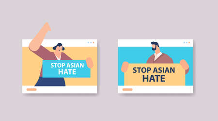 people holding text banners against bullying and racism stop asian hate support during pandemicのイラスト素材