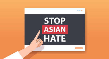 human hand pointing on text banner against racism stop asian hate support during  avirus pandemicのイラスト素材