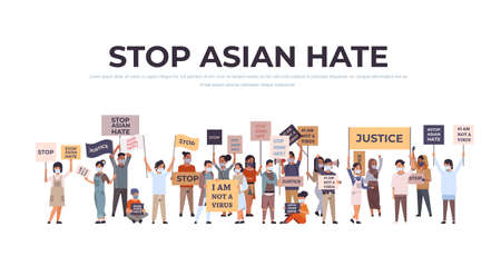 stop asian hate mix race people in masks holding banners against racism support people during   pandemicのイラスト素材