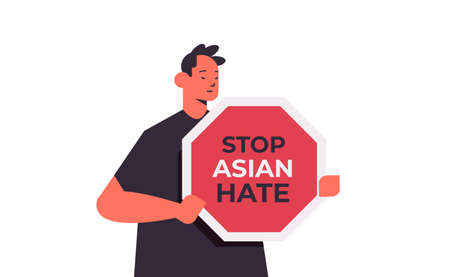stop asian hate guy holding signboard banner against racism support people during pandemicのイラスト素材