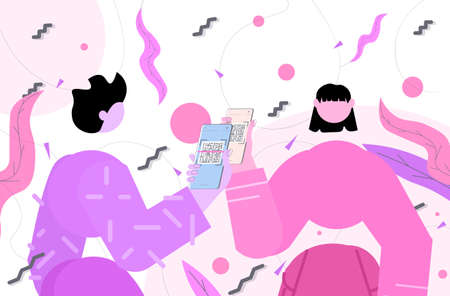 people scanning QR code on smartphone screens electronic digital technology machine readable barcode verification concept horizontal portrait vector illustrationのイラスト素材