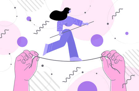 business woman walking on balancing tight rope risk challenge help in business concept horizontalのイラスト素材