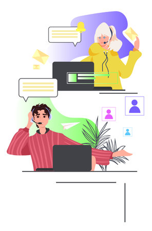 couple call center operators in headset discussing with clients online support customer service conceptのイラスト素材