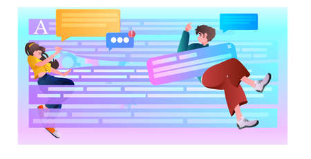 young couple chatting in social media network application chat bubble communication concept horizontalのイラスト素材