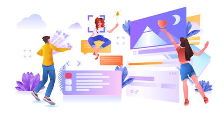 developers team creating website ui interface web application development program software...