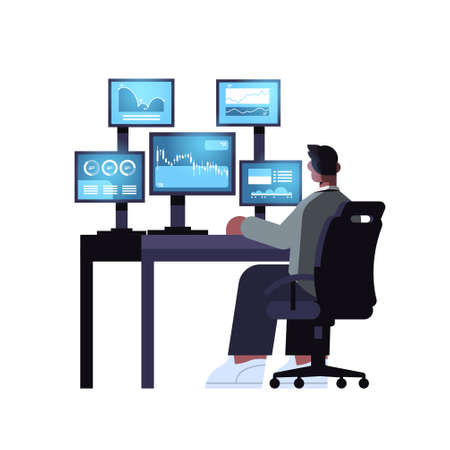 man trader stock market broker analyzing charts graphs and rates on computer monitors at workplaceのイラスト素材