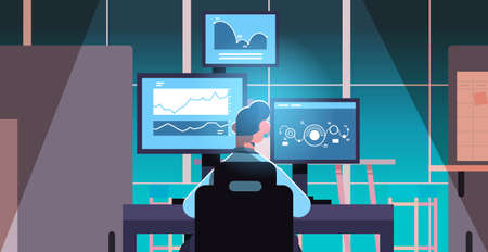 man trader stock market broker analyzing charts graphs and rates on computer monitors at workplace...