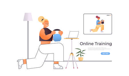 woman doing physical exercises while watching online video training program with fitness trainer workout conceptのイラスト素材