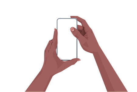african american human hands holding smartphone with blank touch screen using mobile phone conceptのイラスト素材