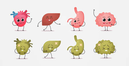 set healthy and unhealthy mascot heart liver stomach brain characters sick damaged green human body internal organs anatomy concept horizontalのイラスト素材