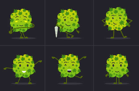 set cute smiling cannabis weed bud cartoon character standing in different poses medical marijuana drug consumption concept horizontal flatのイラスト素材
