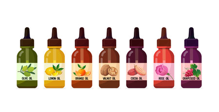 set realistic oil glass bottles with dropper cosmetic liquid ingredient for food drinks and spa product skincare concept horizontalのイラスト素材